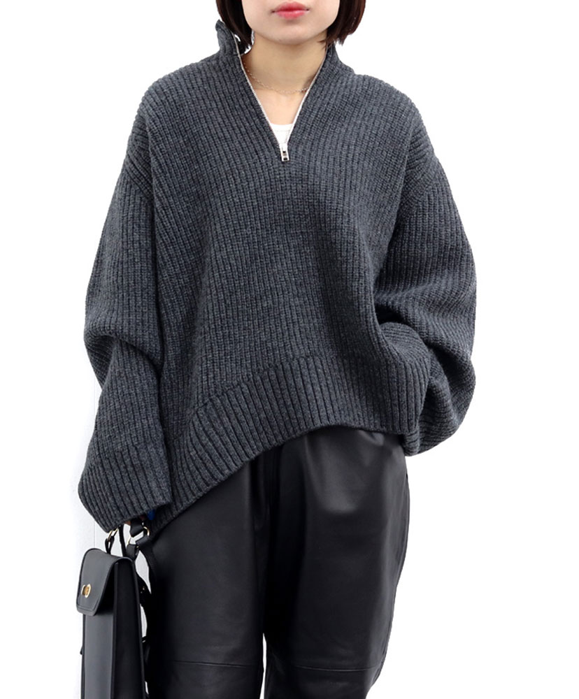 Wool Oversize Half Zip Knit(36(WOMEN) Gray/グレー): CINOH