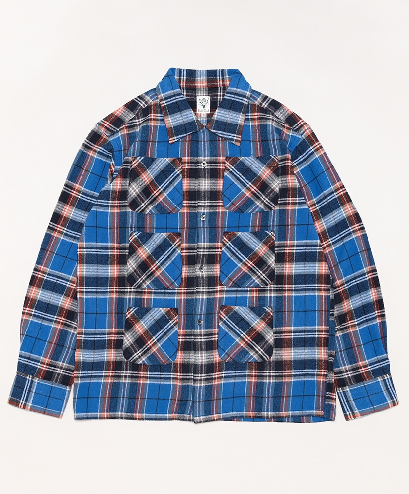 6 Pocket Shirt-Flannel Twill / Plaid(M(MEN) Blue×Orange/ブルー