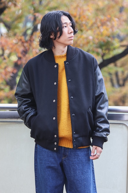 LOFTMAN別注 Leather Sleeve Versity Jacket(L(MEN) Black×Bone