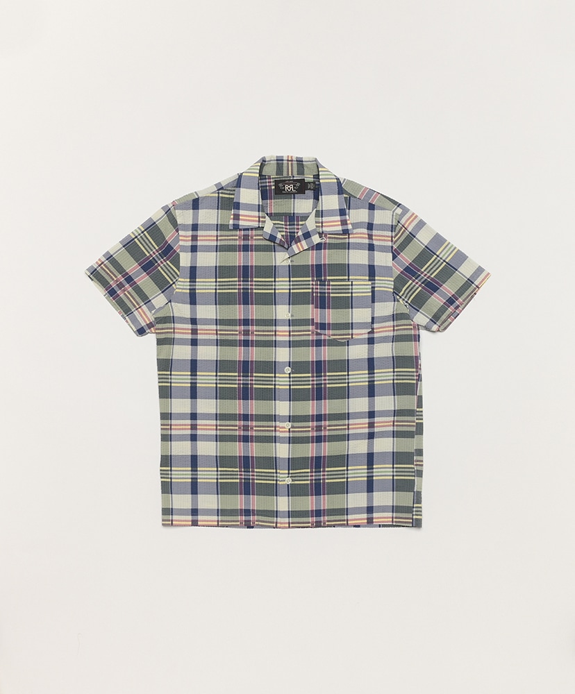 Madras-Print Seersucker Camp Shirt(L(MEN) Green×Cream×Multi