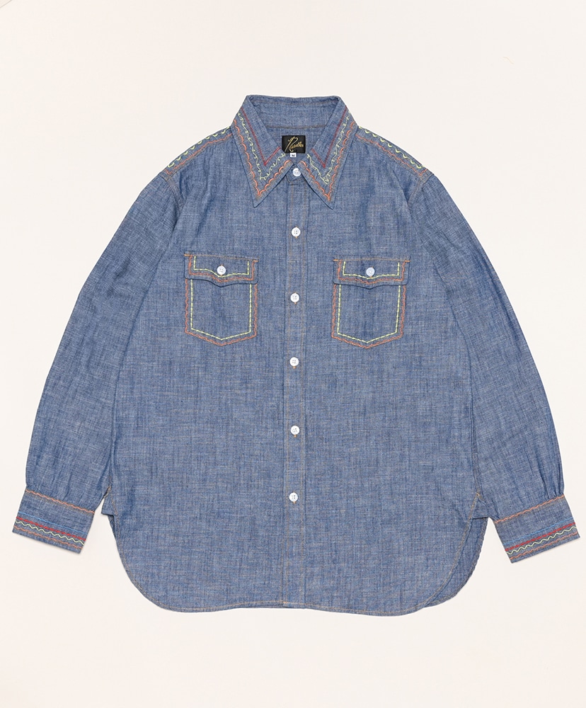 Work Shirt-Cotton Chambray/India Emb.(M(MEN) Blue/ブルー): NEEDLES