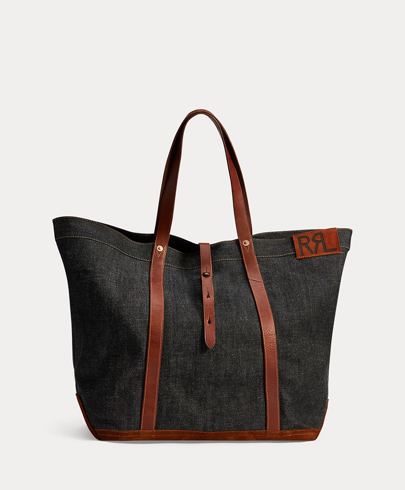 【美品】RRL インディゴデニム トートバッグ Leather-Trim Denim Tote(ONE Indigo/インディゴ): RRL
