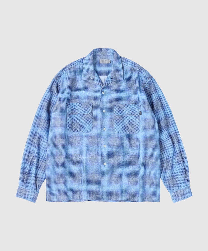 Printed Plaid Flannel Open Collar Shirt(L(MEN) Blue×Navy