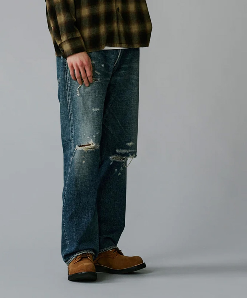 Recycled Waste Suvin Cotton Yarn 14oz. Denim 5pocket Straight Pants Vintage Washed (Zipper Fly) Navy/ネイビー L(MEN)