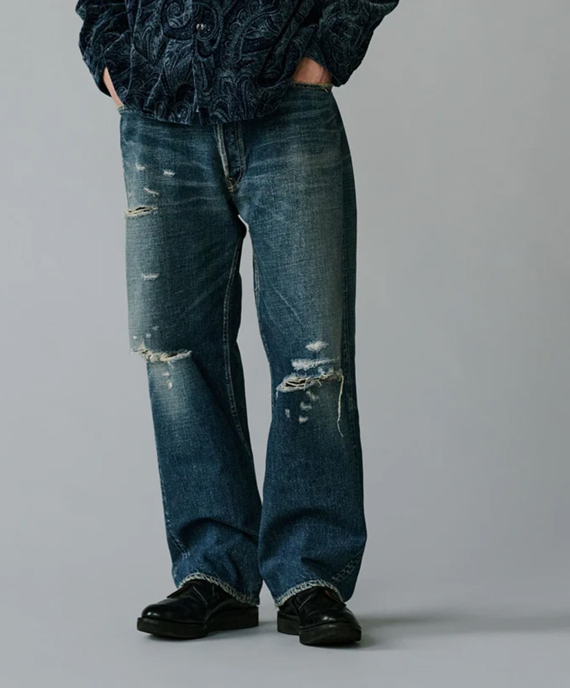 Recycled Waste Suvin Cotton Yarn 14oz. Denim 5pocket Straight Pants Vintage Washed (Zipper Fly) Navy/ネイビー L(MEN)