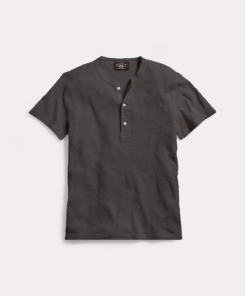 kinema waffle henley neck ブラック　サイズM Waffle-Knit Short-Sleeve Henley Shirt(L(MEN) Faded Black