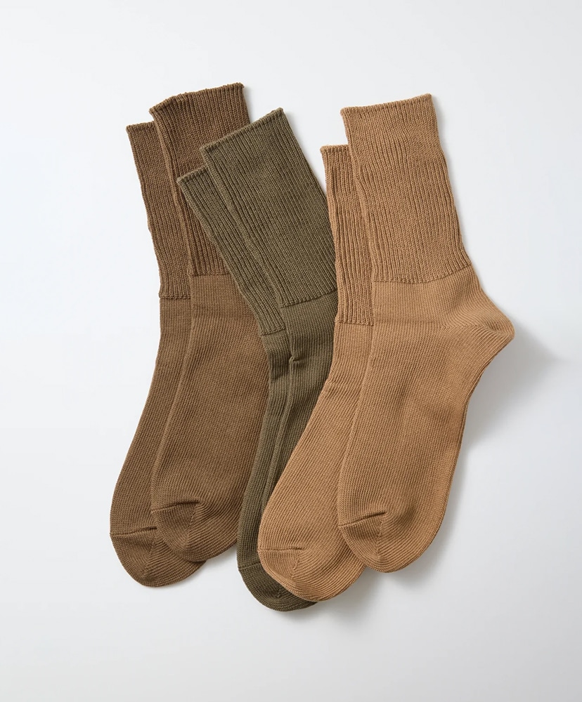 Organic Daily 3Pack Ribbed Crew Sock Khaki Tones/カーキ トーンズ M(25-27cm)