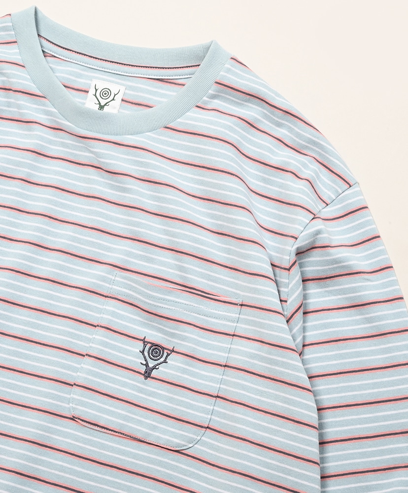 L/S Round Pocket Tee - Multi Stripe Blue/ブルー 1(WOMEN)