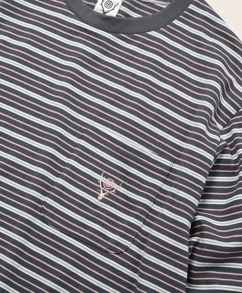 L/S Round Pocket Tee - Multi Stripe Grey/グレー L(MEN)