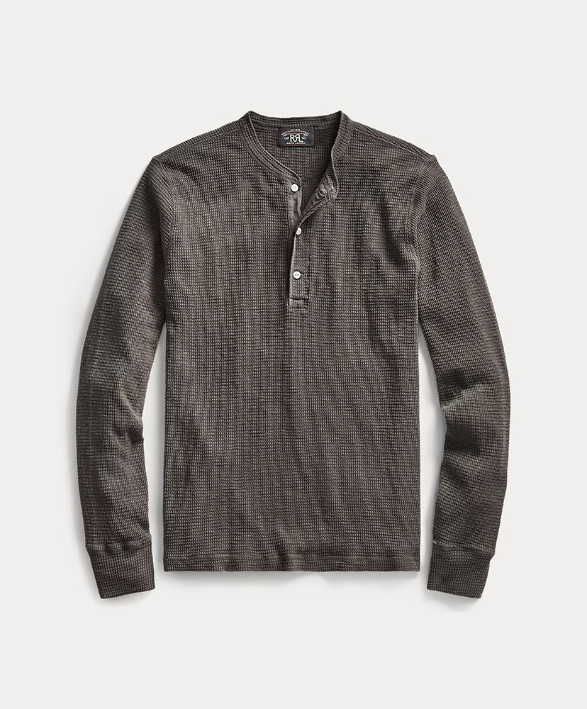 ワッフルニット ヘンリーネック シャツ(L(MEN) フェイデッド ブラック