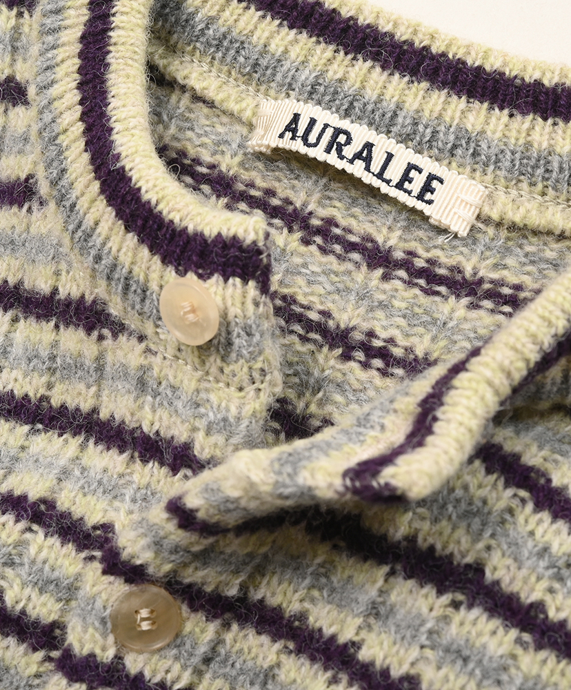 Shetland Wool Cashmere Rib Knit Crew-Neck Cardigan Lime Purple Stripe/ライムパープルストライプ 0(WOMEN)