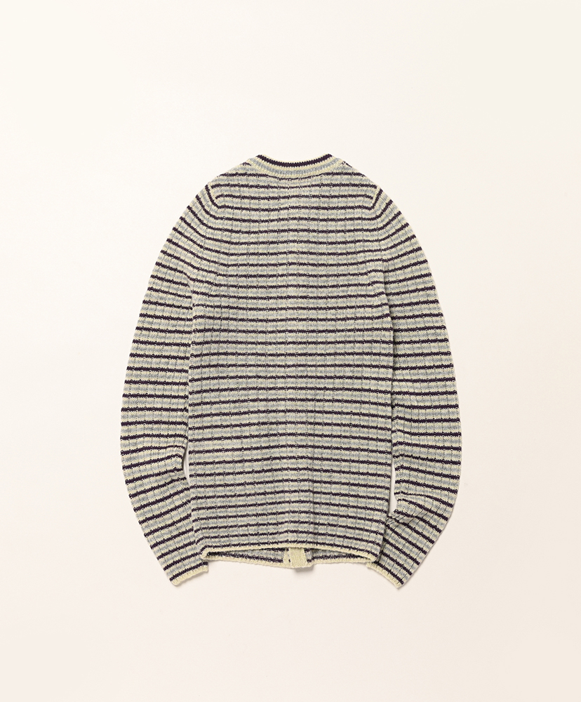 Shetland Wool Cashmere Rib Knit Crew-Neck Cardigan Lime Purple Stripe/ライムパープルストライプ 0(WOMEN)