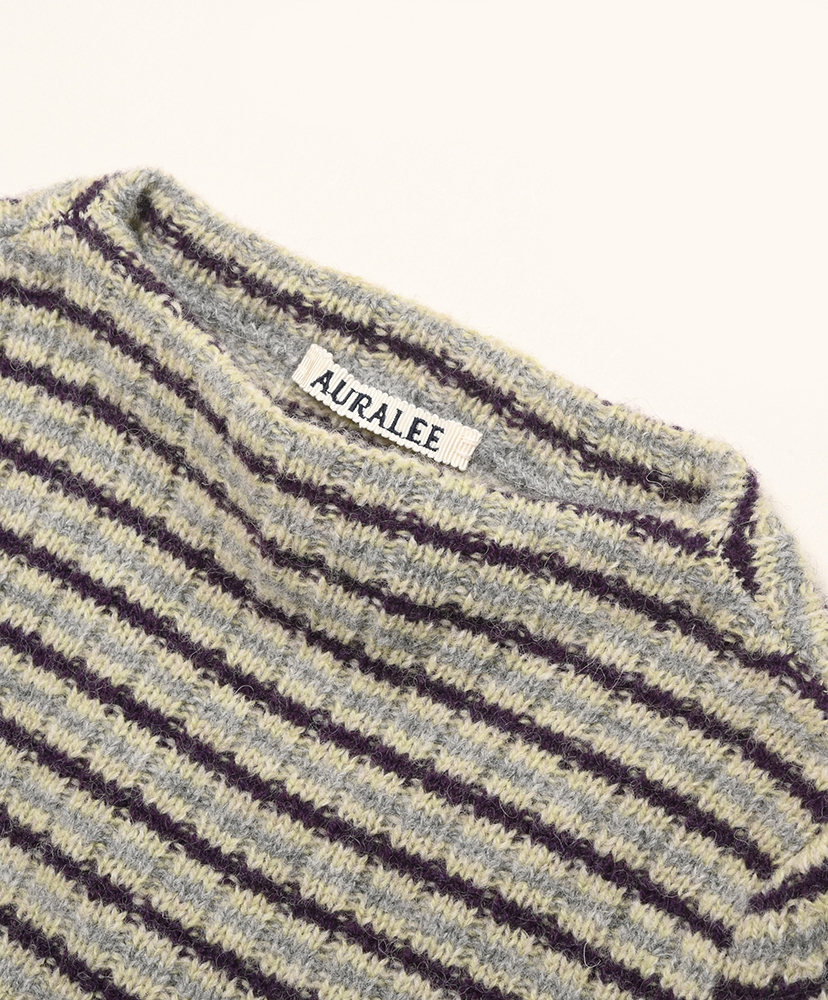 Shetland Wool Cashmere Rib Knit Boat-Neck P/O Lime Purple Stripe/ライムパープルストライプ 0(WOMEN)