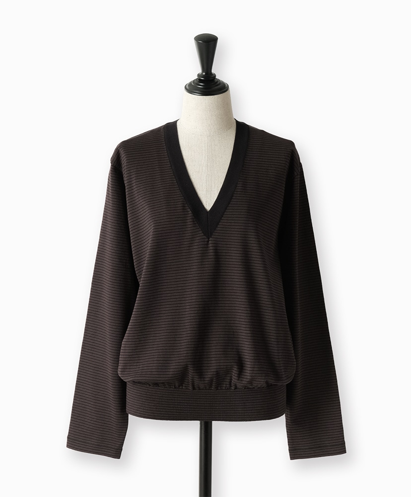 Blousing V Neck Long Sleeve T-Shirt Black×Brown/ブラック×ブラウン 1(WOMEN)