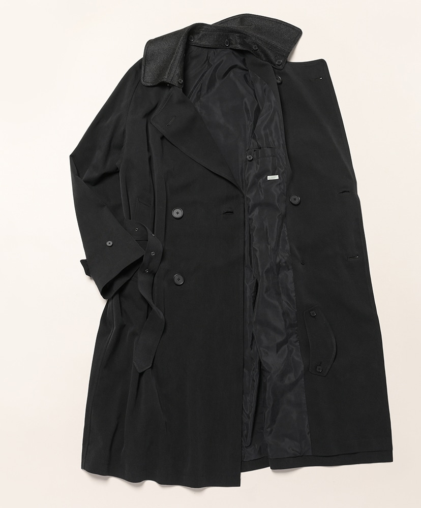 Maxi Length Washed Silk Trench Double Cashmere collor Coat Black/ブラック 2(MEN)