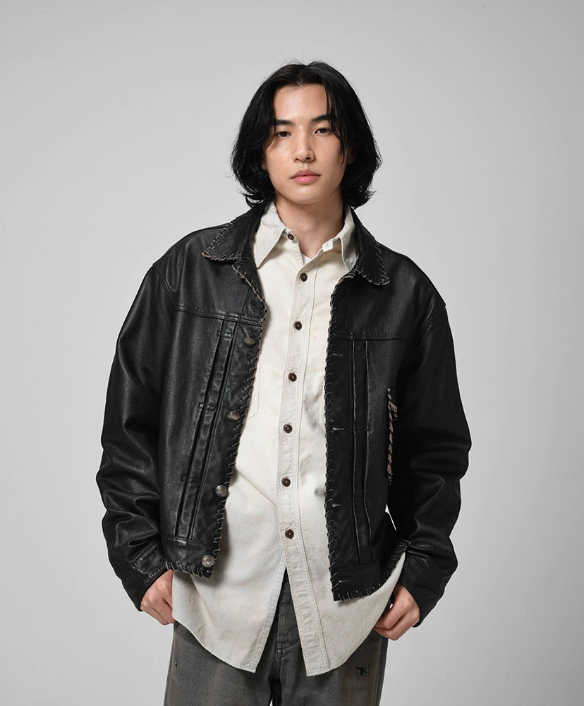 Lace-up Leather Trucker Jacket Black / ブラック L(MEN)