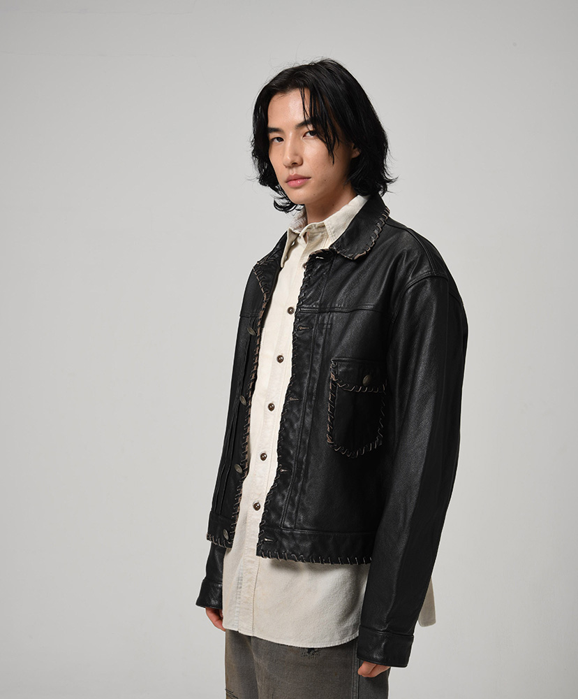 Lace-up Leather Trucker Jacket Black / ブラック L(MEN)