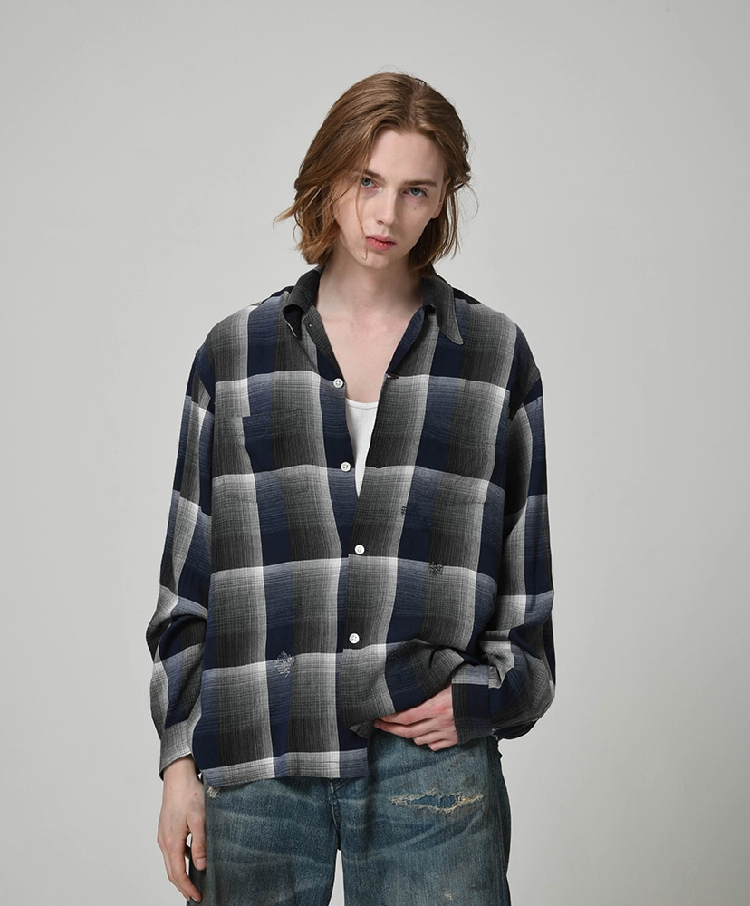 Check Rayon Shirt Blue×Black×Gray / ブルー×ブラック×グレイ L(MEN)