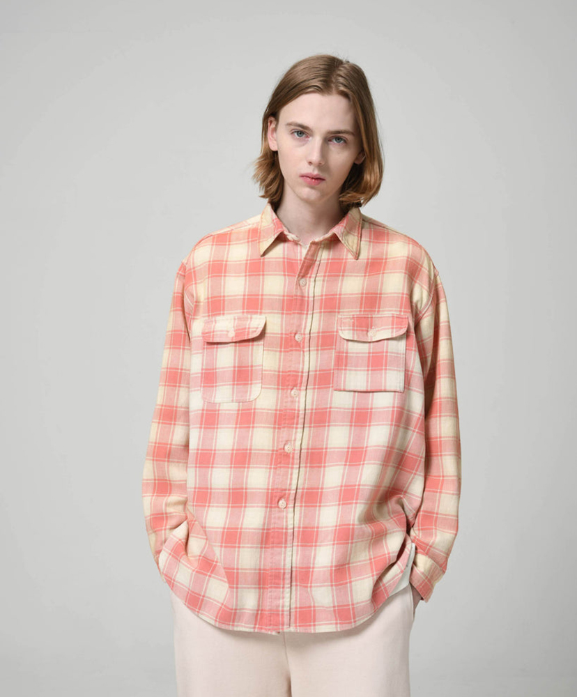 Repaired Cig Pocket Shirt Pink×O.White×Gray / ピンク×オフホワイト×グレー L(MEN)