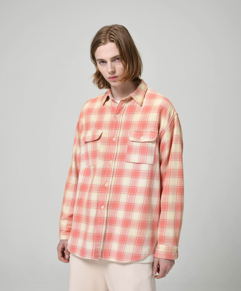 Repaired Cig Pocket Shirt Pink×O.White×Gray / ピンク×オフホワイト×グレー L(MEN)
