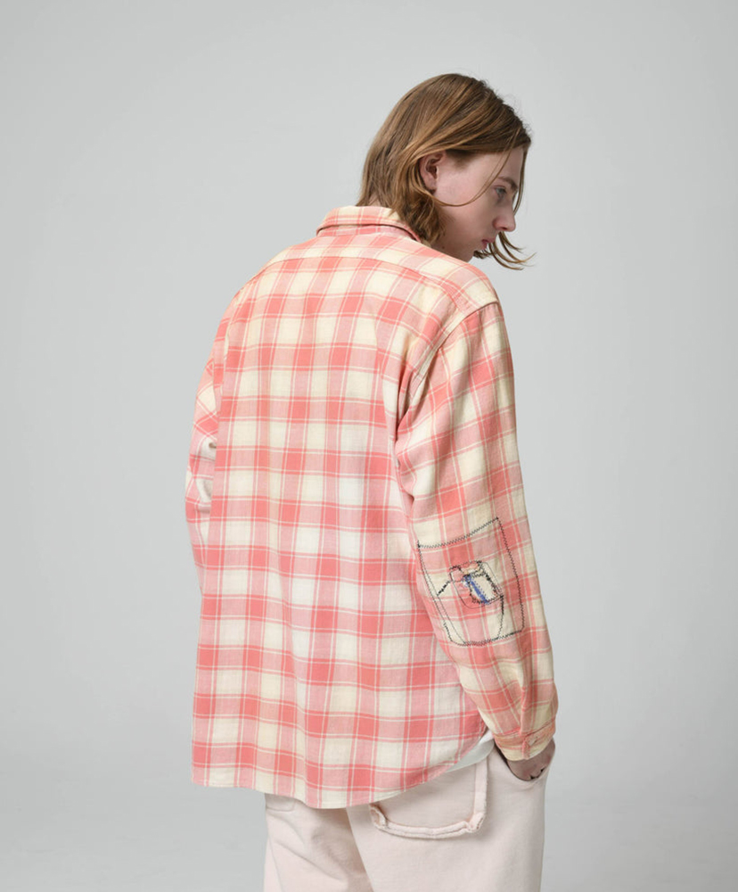 Repaired Cig Pocket Shirt Pink×O.White×Gray / ピンク×オフホワイト×グレー L(MEN)