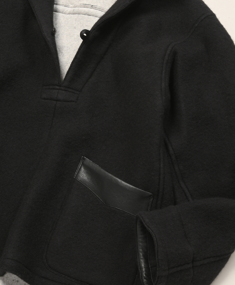 Faux Leather Trim Oversized Pullover Blackフリース/ブラックフリース ML(MEN)