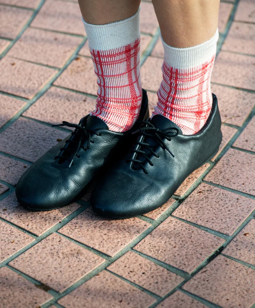 French Teatowel Pattern Socks Ecru×Red/エクリュ×レッド M(25-27cm)