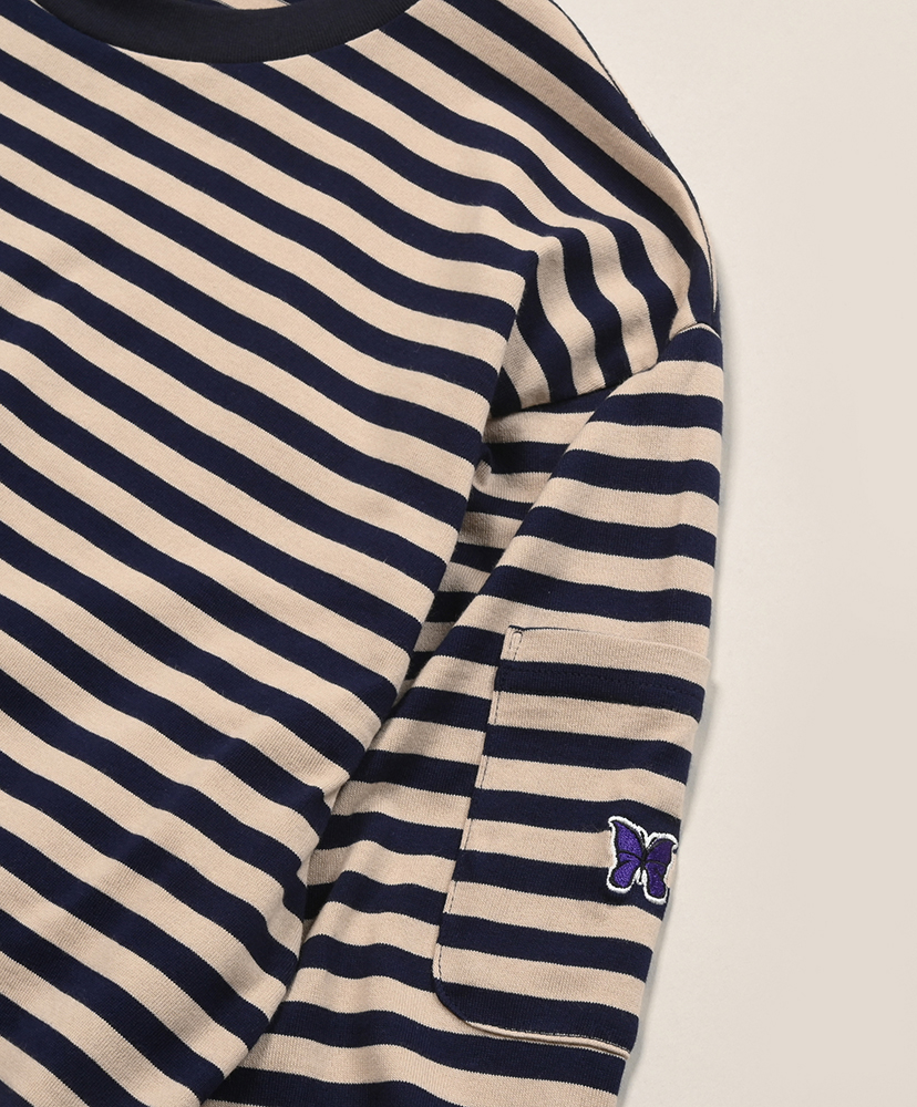L/S Crew Neck Tee - Cotton Stripe Jersey Navy×Beige/ネイビー×ベージュ L(MEN)