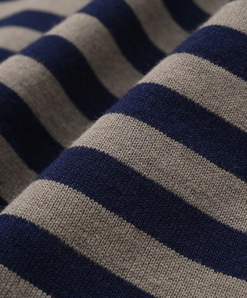 L/S Crew Neck Tee - Cotton Stripe Jersey Navy×Mocha/ネイビー×モカ L(MEN)