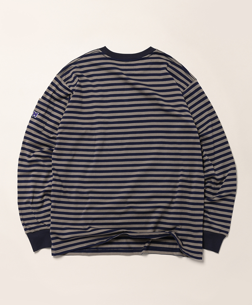 L/S Crew Neck Tee - Cotton Stripe Jersey Navy×Mocha/ネイビー×モカ L(MEN)