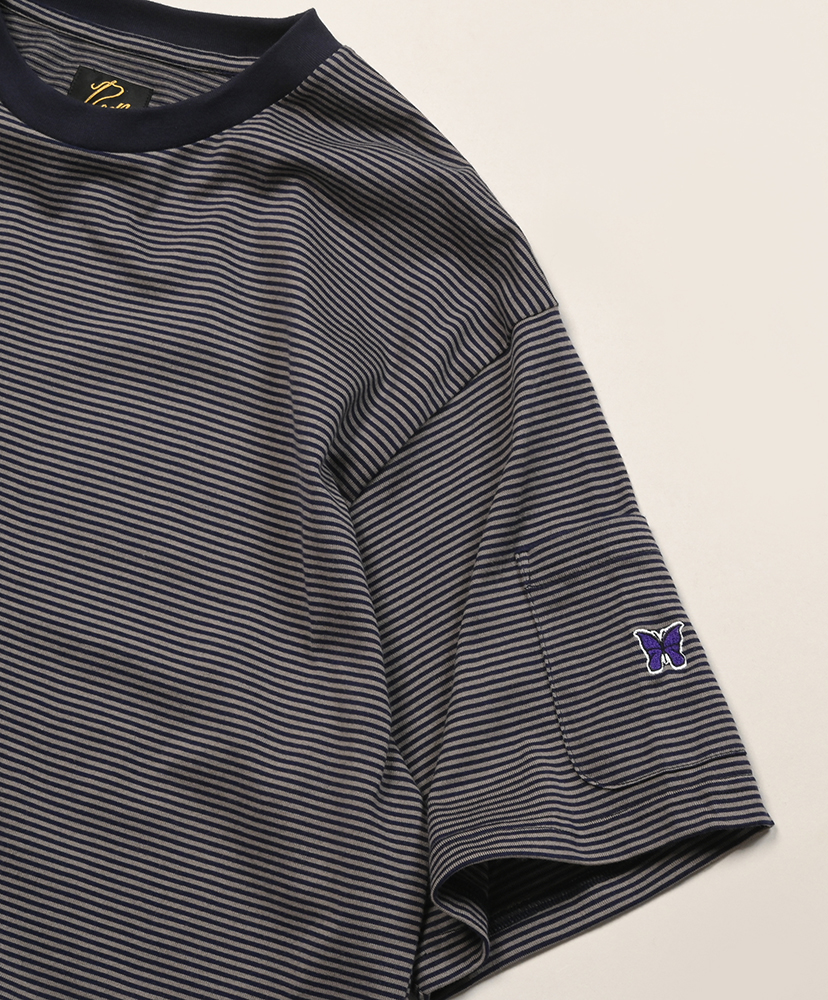 S/S Crew Neck Tee - Cotton Stripe Jersey Navy×Mocha/ネイビー×モカ L(MEN)