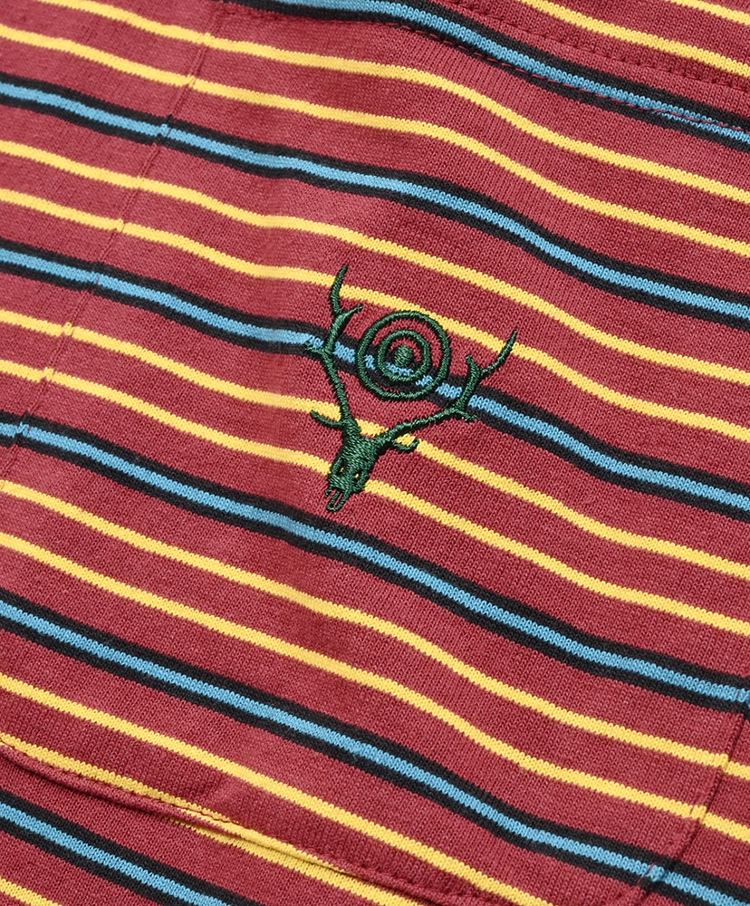 S/S Round Pocket Tee - Cotton Multi Narrow Stripe Jersey Burgundy/バーガンディ L(MEN)