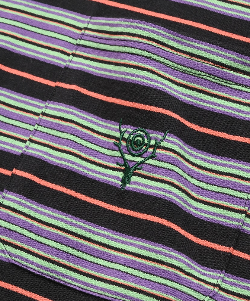 S/S Round Pocket Tee - Cotton Multi Wide Stripe Jersey Black/ブラック L(MEN)