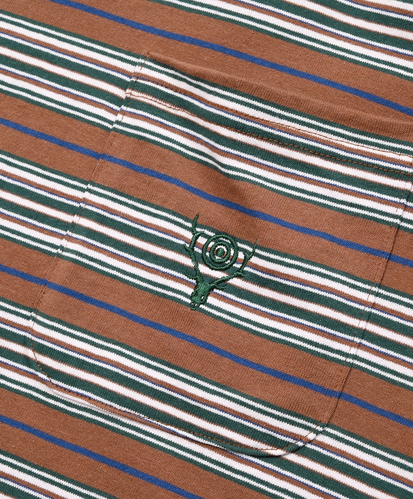 S/S Round Pocket Tee - Cotton Multi Wide Stripe Jersey Brown/ブラウン L(MEN)