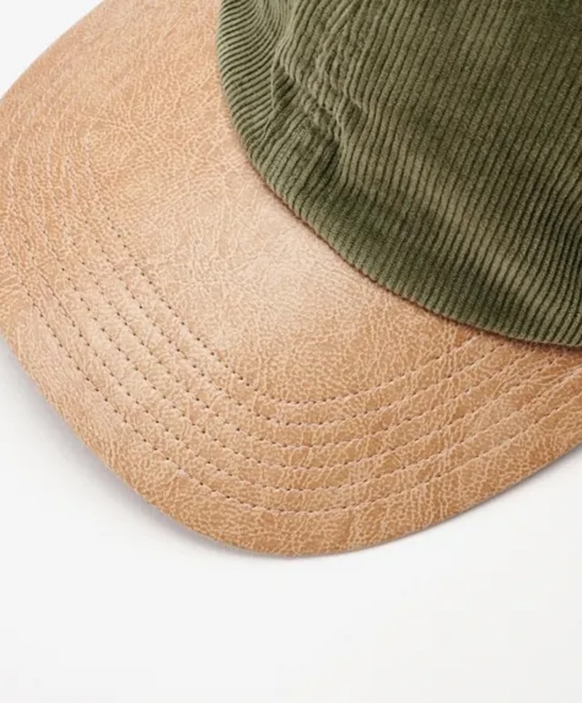 Corduroy & Faux Leather 6Panel Cap Olive Green/オリーブグリーン FREE
