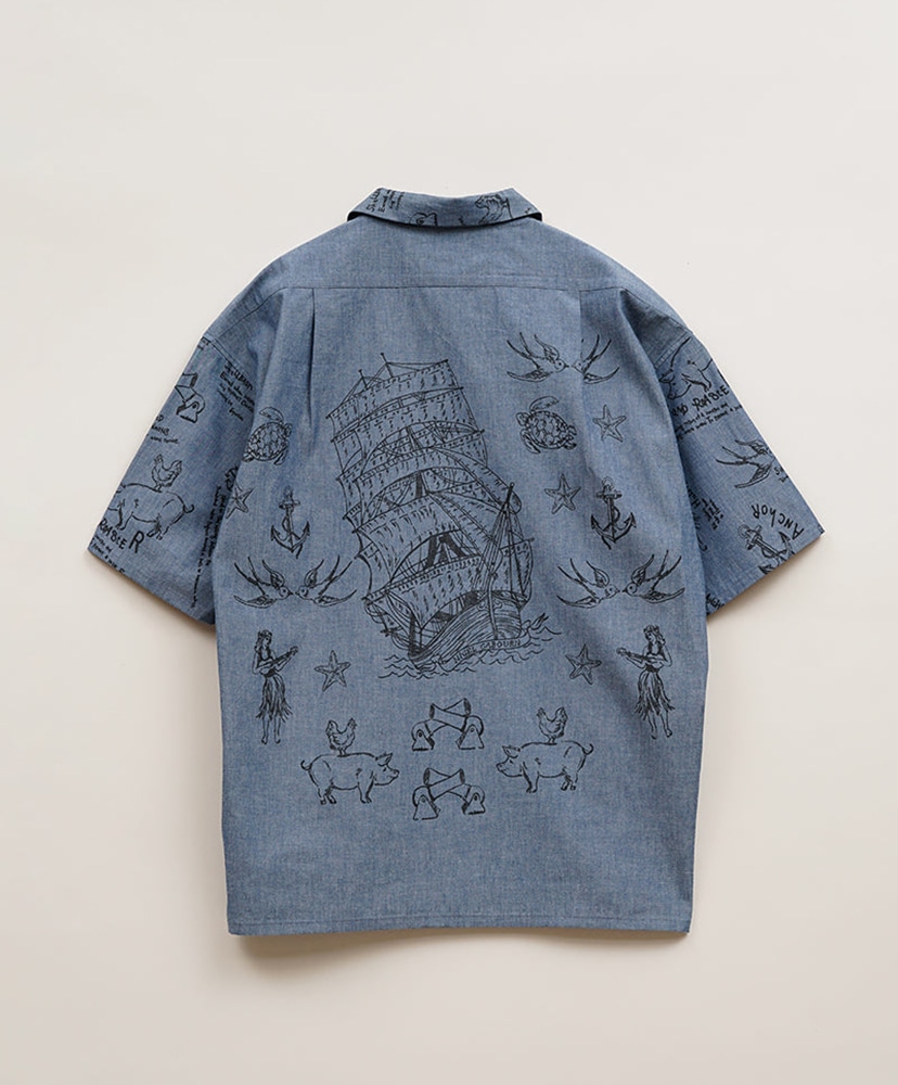 Open Collar Shirt - Tatoo Print Indigo/インディゴ 46(MEN)