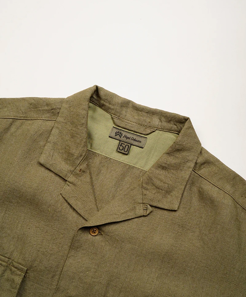 Army Shirt Short Sleeve - Linen Herringbone Twill Green/グリーン 46(MEN)