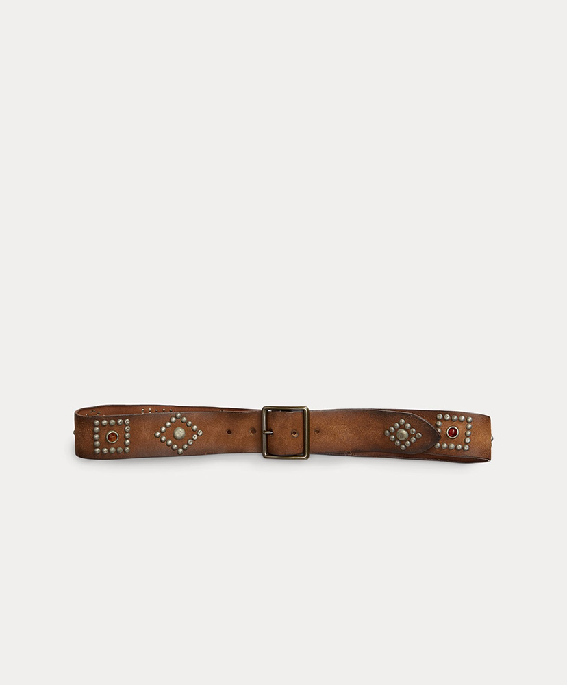 スタデッド ラフアウト レザー ベルト ライトブラウン 32(MEN)