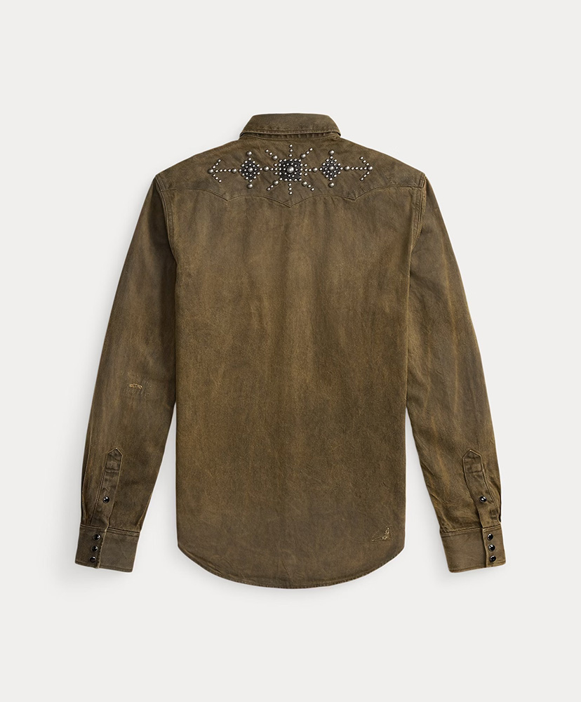 スリム フィット スタデッド デニム ウエスタン シャツ ディストレストブラウンウォッシュ L(MEN)