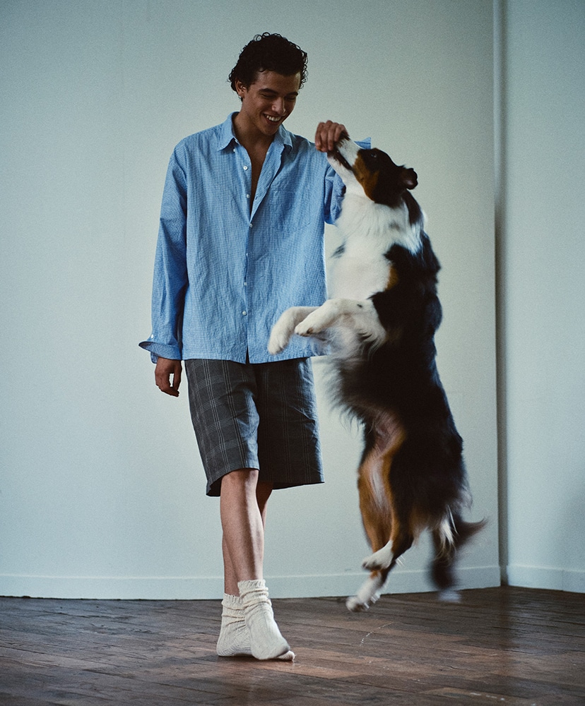 Cotton Linen Plaid Shorts Khaki×Navy/カーキ×ネイビー L(MEN)