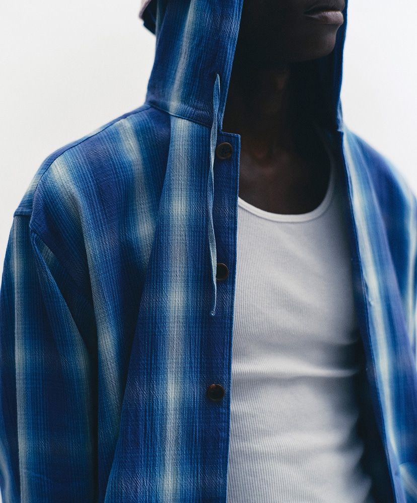 Ombre Plaid Hooded Shirt Navy Plaid/ネイビープラッド L(MEN)