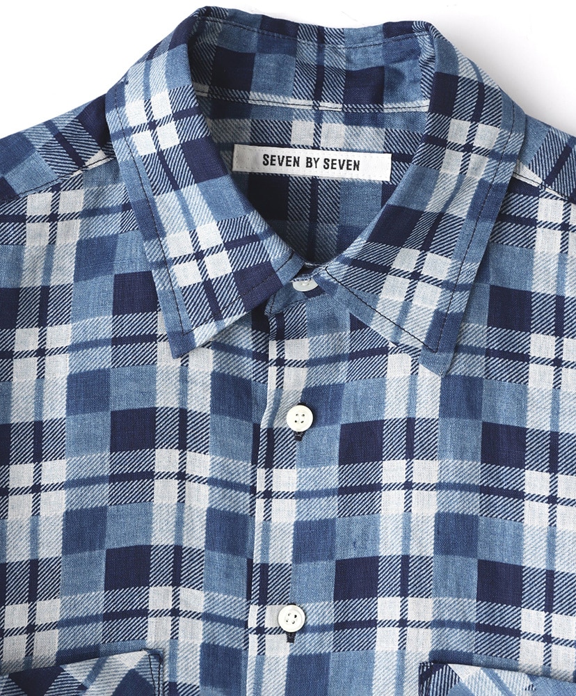 Linen Check Shirts L/S-Discharge printing- Indigo/インディゴ S(MEN)