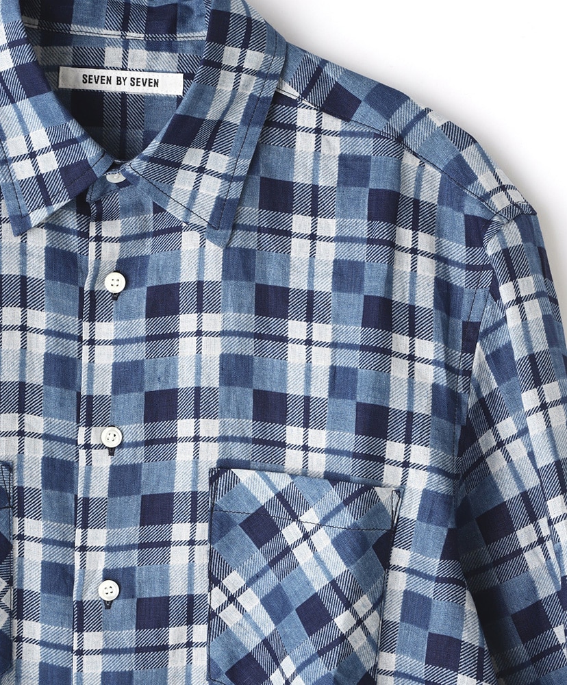 Linen Check Shirts L/S-Discharge printing- Indigo/インディゴ S(MEN)