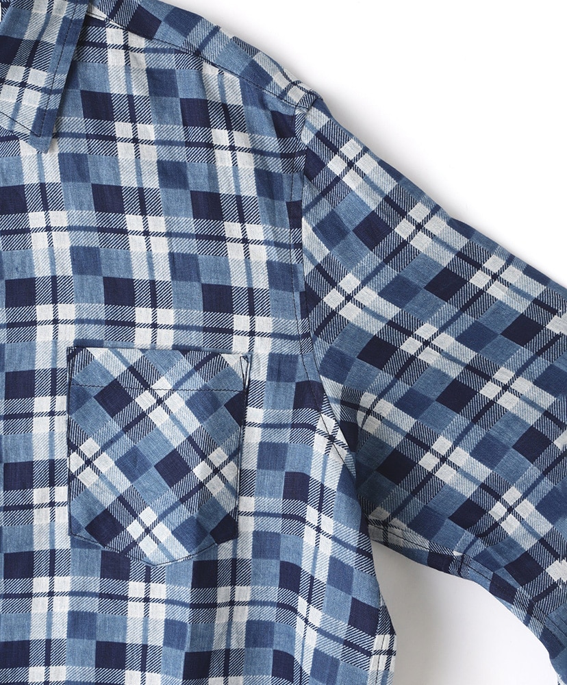 Linen Check Shirts L/S-Discharge printing- Indigo/インディゴ S(MEN)