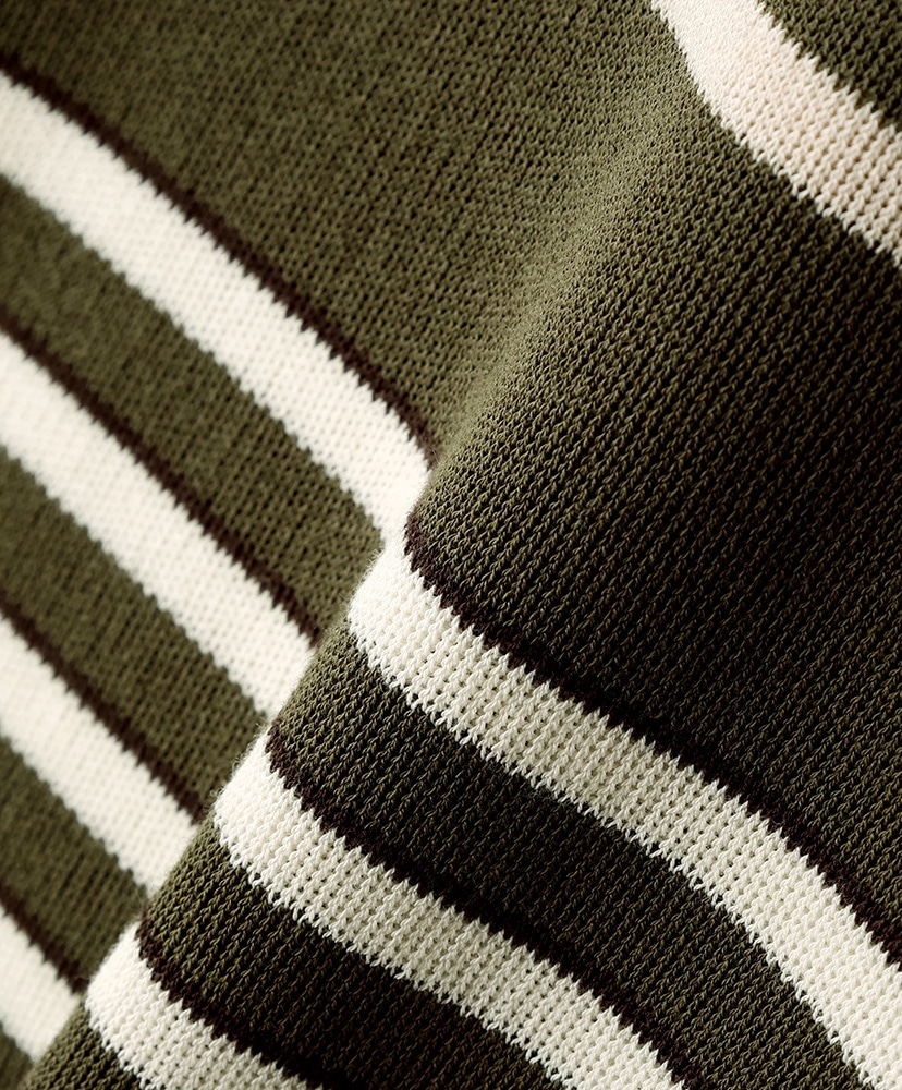 Crew Neck Stripe Knit Sweater  -Cool touch Organic cotton- Olive/オリーブ L(MEN)