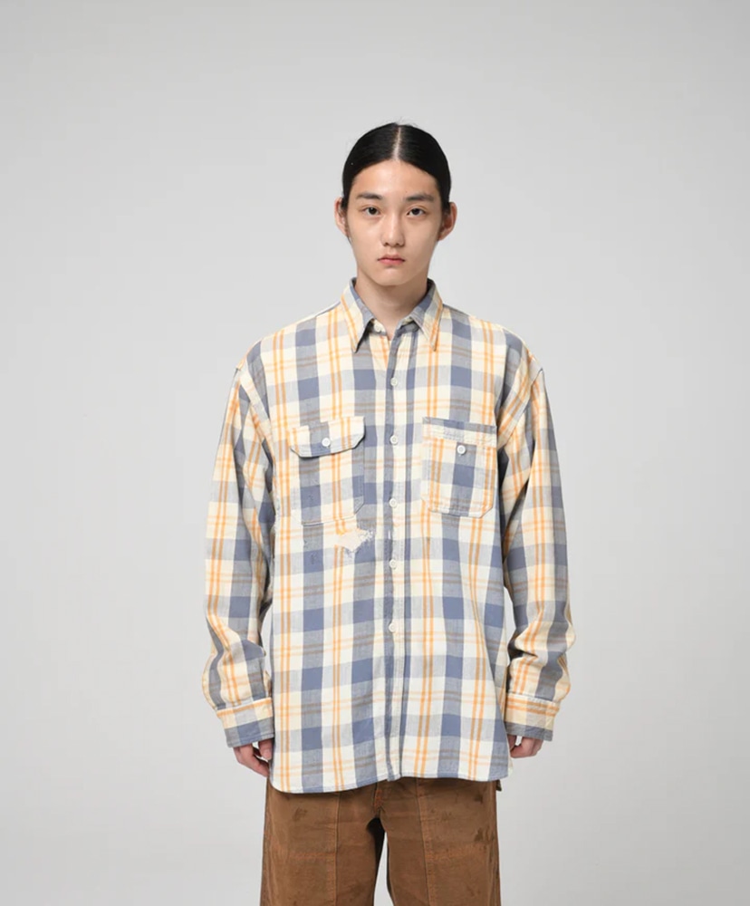 Unique Pocket Checked Flannel Shirt Aged Yellow×Blue/イエロー×ブルー L(MEN)