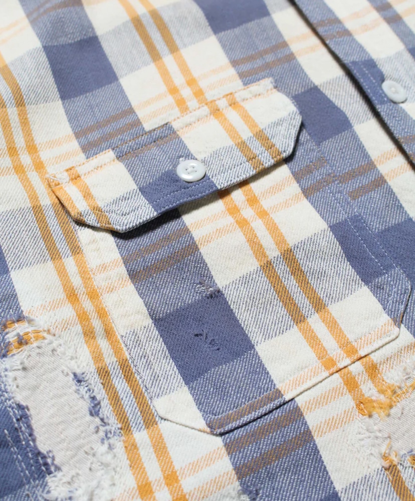 Unique Pocket Checked Flannel Shirt Aged Yellow×Blue/イエロー×ブルー L(MEN)