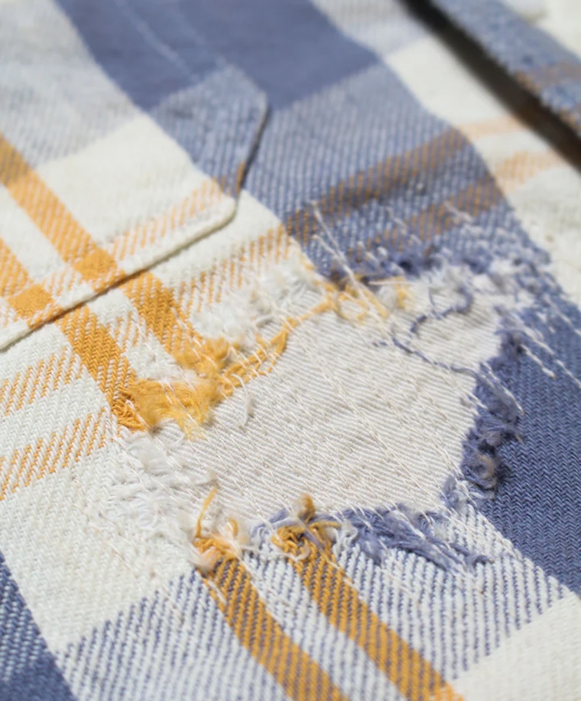 Unique Pocket Checked Flannel Shirt Aged Yellow×Blue/イエロー×ブルー L(MEN)