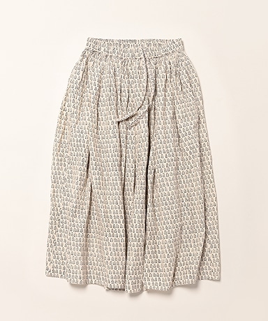 80s Voile Little Tree Block Print Gathered Skirt With Lining