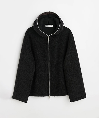 Full Zip Hood - Black Hairy Wool